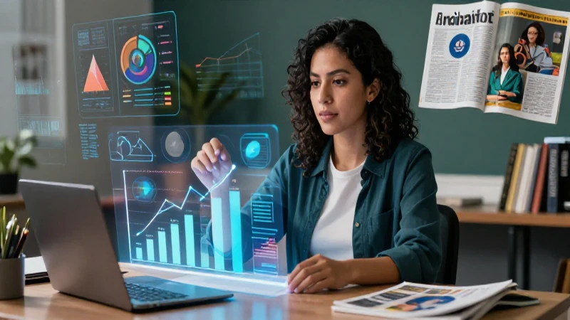 Educadora mexicana con gráficos holográficos y ambiente dinámico