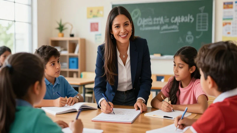 Maestra mexicana enseñando a niños entusiastas