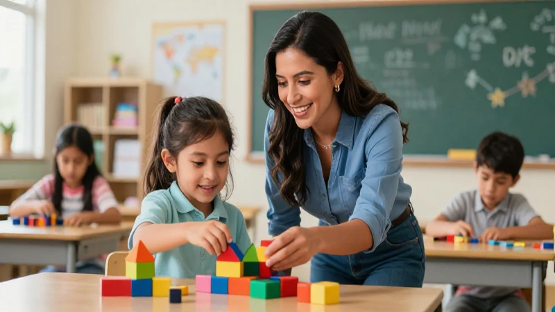 Maestra mexicana enseña a niño con bloques coloridos