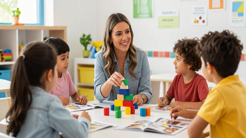 Maestra alegre enseñando con bloques educativos