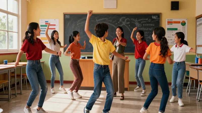 Optimiza tus planeaciones con pausas activas en la Nueva Escuela Mexicana 3 Estudiantes y maestro haciendo un breve descanso activo