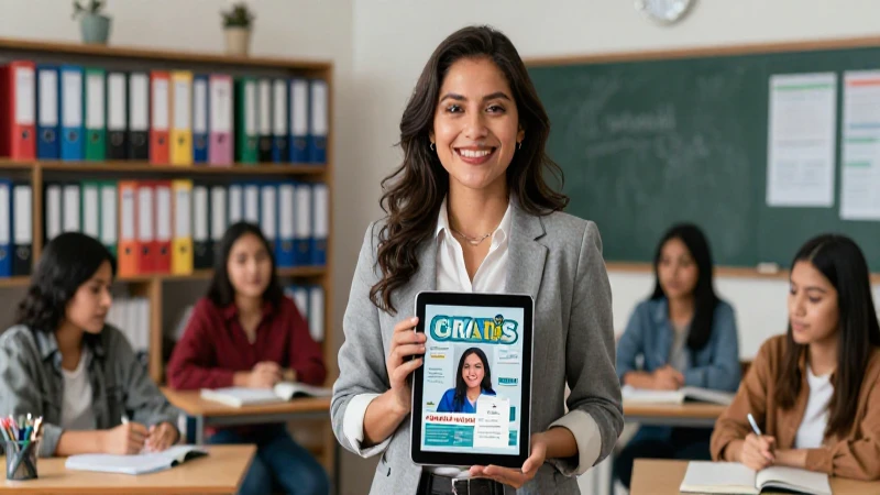Maestra mexicana apasionada en un aula moderna