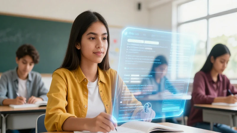 Estudiante mexicano en clase con estética holográfica