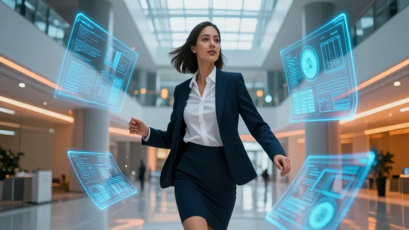 Mujer profesional con hologramas y estilo vibrante