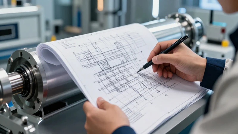 Ingenieros revisan planos de cilindro mecánico en taller