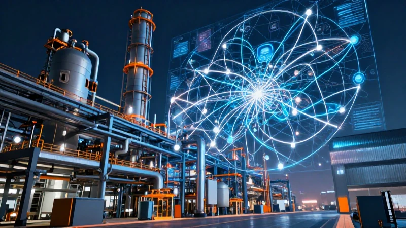 Fábrica industrial con mapa holográfico dinámico