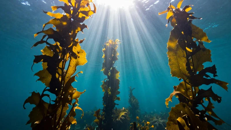 Bosque de kelp vibrante y agua turquesa cristalina