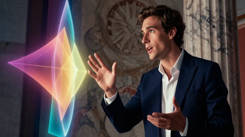 Filósofo moderno dialogando con formas geométricas abstractas