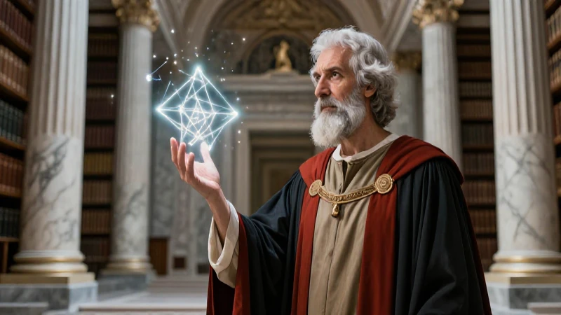 Contemplación estoica ante formas geométricas luminosas