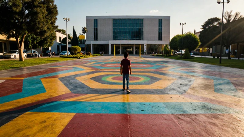 Niño curioso interactúa con plaza geométrica moderna