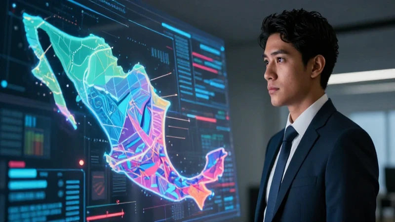 Datos actualizados sobre la población de México: cifras y tendencias 4 Joven mexicano interactúa con datos holográficos modernos