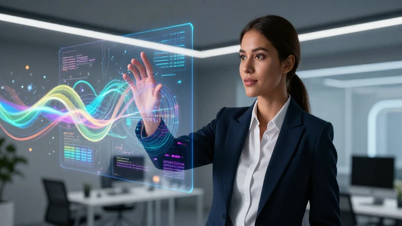 Profesional interactúa con datos holográficos en ambiente moderno