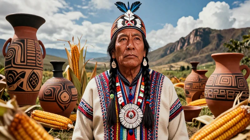 Mujer indígena con atuendo tradicional en paisaje épico