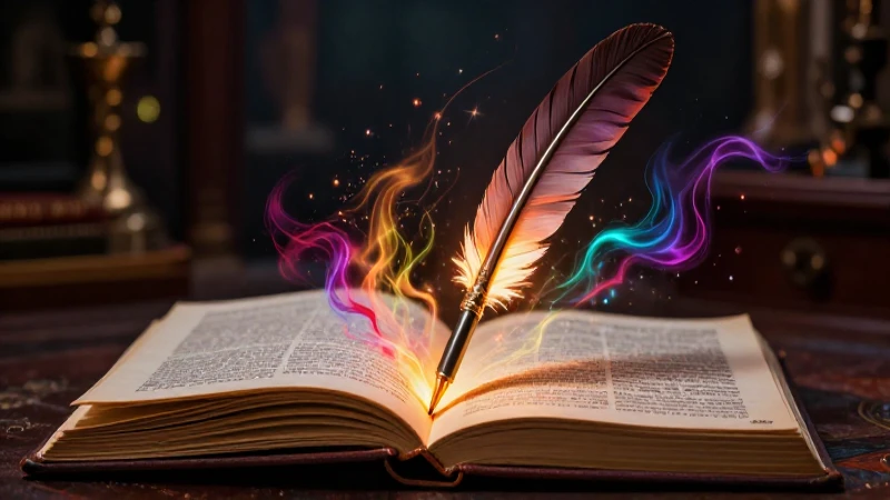 Pluma antigua brillante sobre un diario colorido