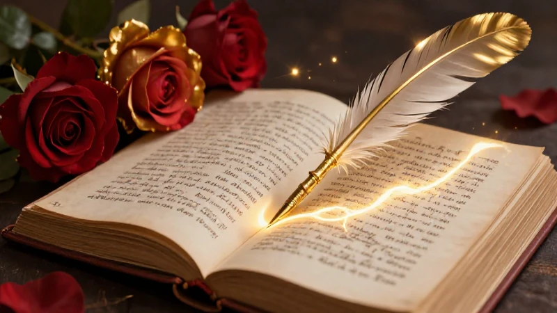 Ilustración detallada de un libro antiguo con flores y pluma