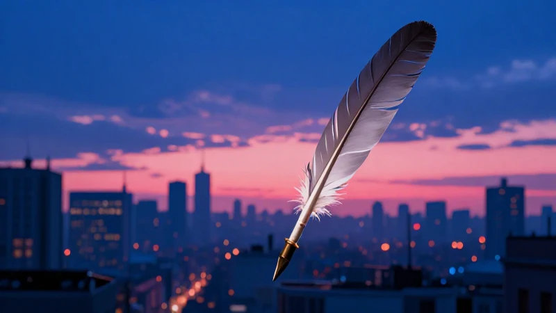 Ciudad estilizada al atardecer con pluma antigua