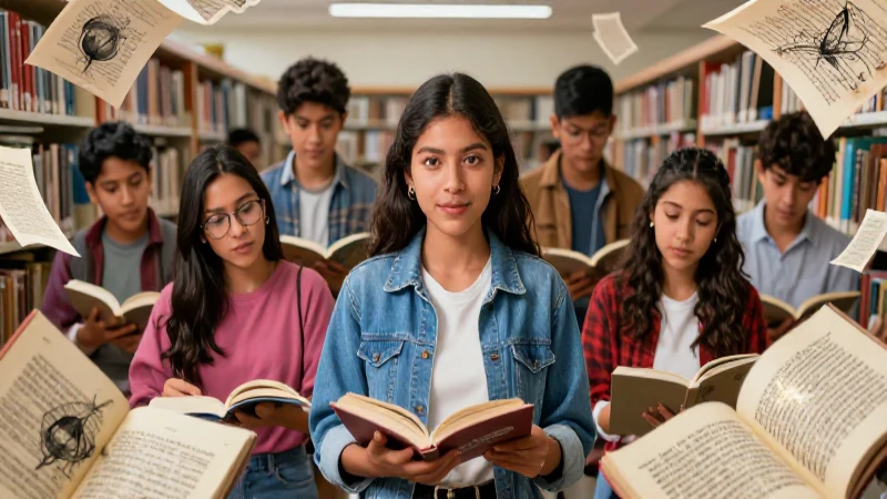 Poemas para secundaria PDF: Inspiración para jóvenes poetas 8 Adolescentes mexicanos en biblioteca con estética vibrante