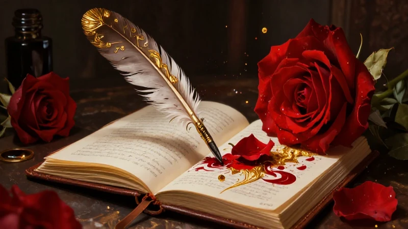 Poesía Romántica: 20 Ejemplos de Poemas del Romanticismo 5 Pluma antigua y diario con rosas, estilo revista