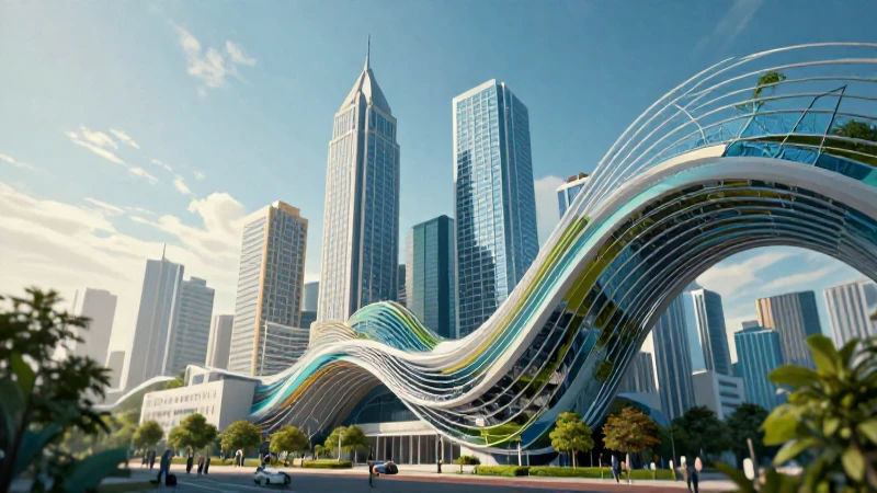 Ciudad moderna estilizada con líneas geométricas vibrantes
