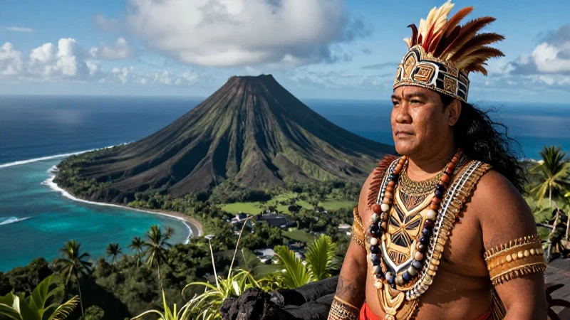 Jefe polinesio sobre isla volcánica espectacular