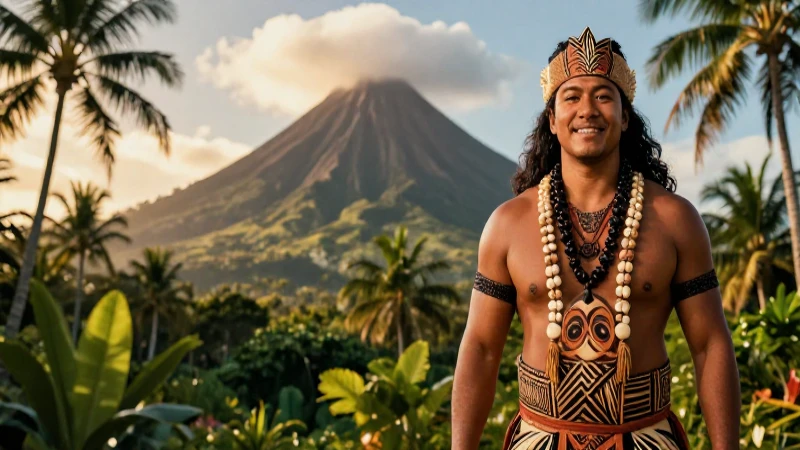 Man polinesio atractivo en isla tropical con estilo cinematográfico