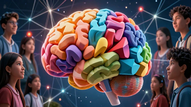 Cerebro abstracto, estudiantes y red neural digital