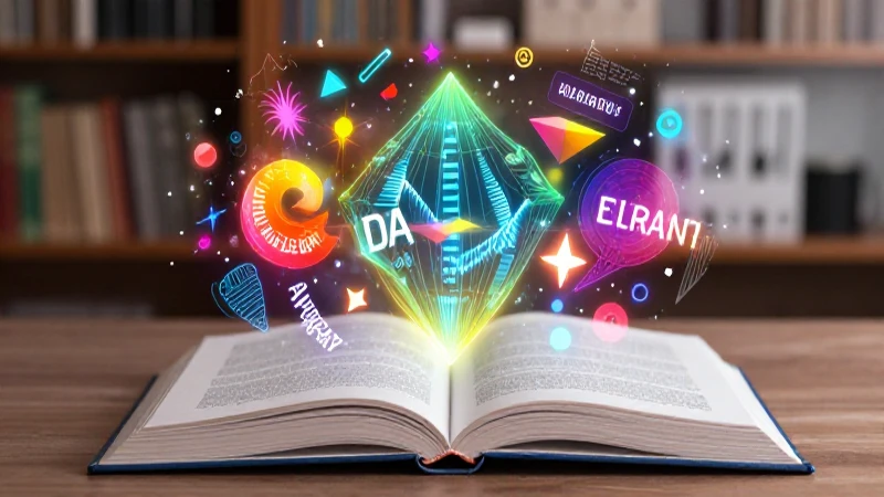 Libro estilizado con palabras luminosas y formas abstractas vibrantes