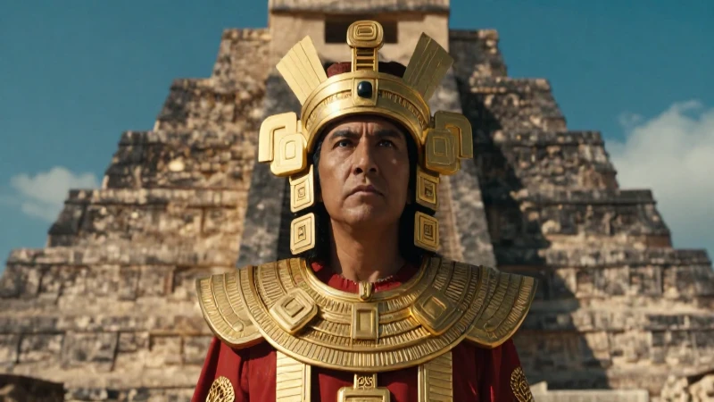 Noble Mexica con gala ante pirámides antiguas