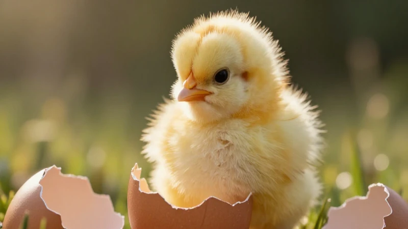 Pollito amarillo emerge de huevo con luz