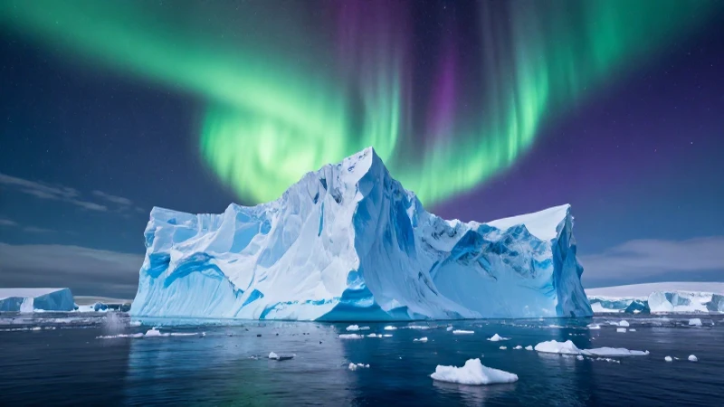 Iceberg azul bajo la aurora ártica dramática