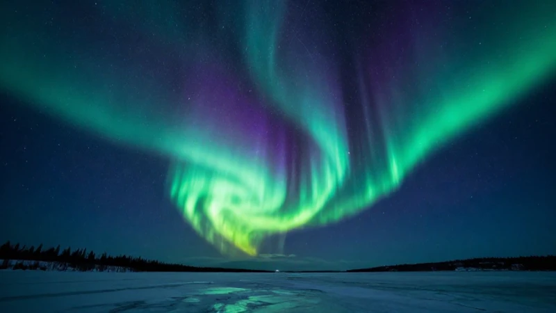 Aurora boreal vibrante sobre paisaje ártico helado