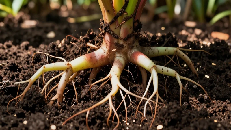 Sistema radicular vibrante en tierra oscura