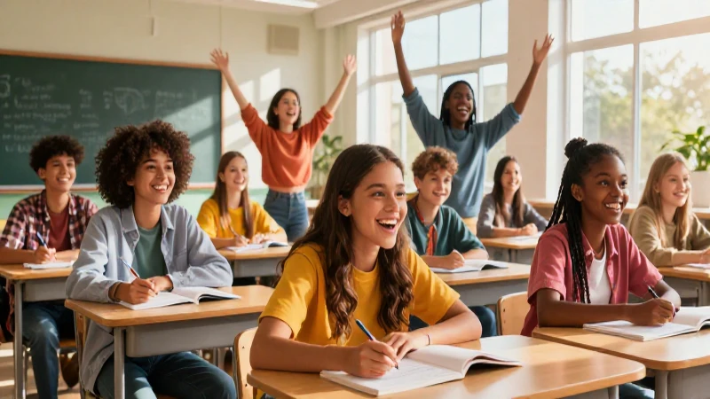Por un Chile que lee: Fomentando la lectura en la sociedad 6 Estudiantes alegres en un vibrante aula moderna