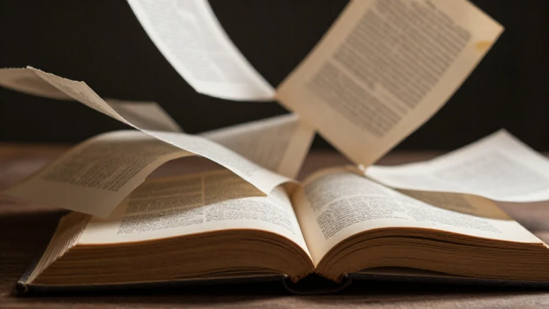 Libro antiguo, páginas volantes, luz dramática