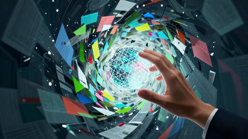 Manos emergen de caos digital con estructura geométrica