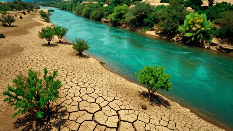 Porque cuidar el agua es importante para el futuro 4 Paisaje árido con río vibrante y naturaleza emergente