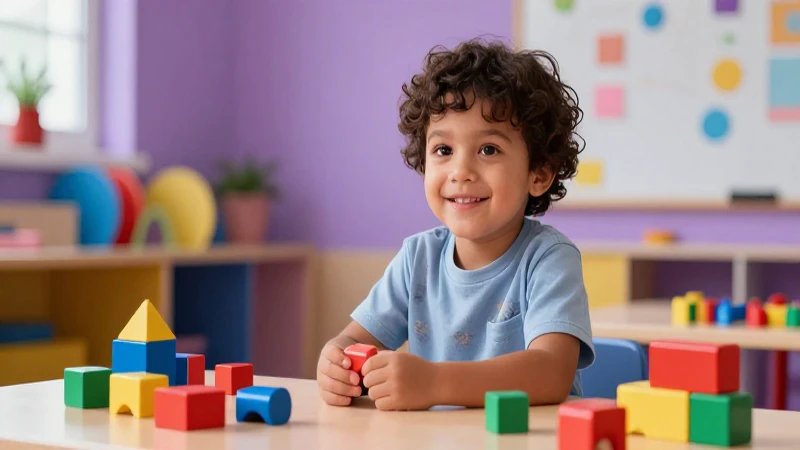 Niño feliz jugando en un aula moderna y colorida