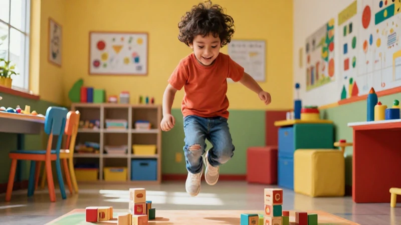 Niño mexicano sonriente salta en entorno escolar vibrante