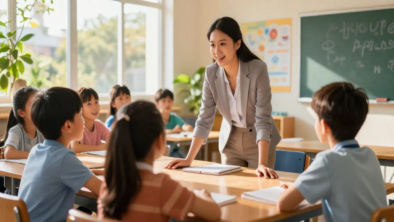 Maestra inspiradora guía a estudiantes diversos con estilo profesional