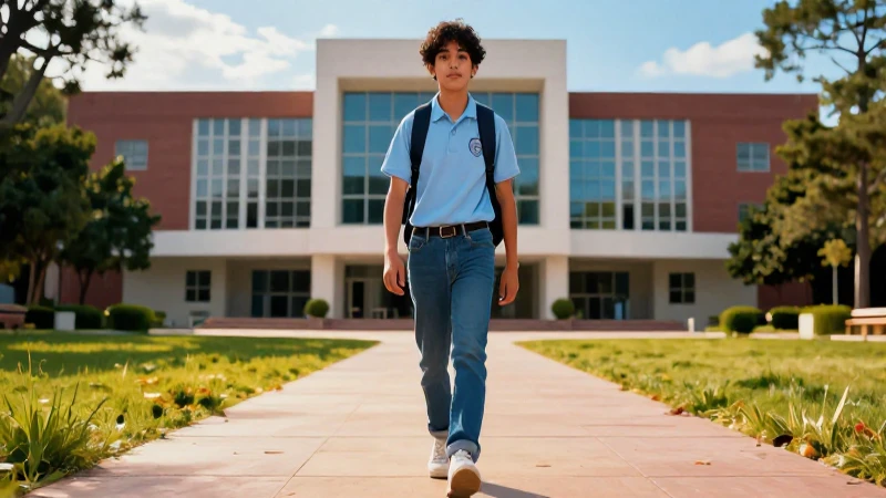 Joven estudiante mexicano camina hacia la universidad
