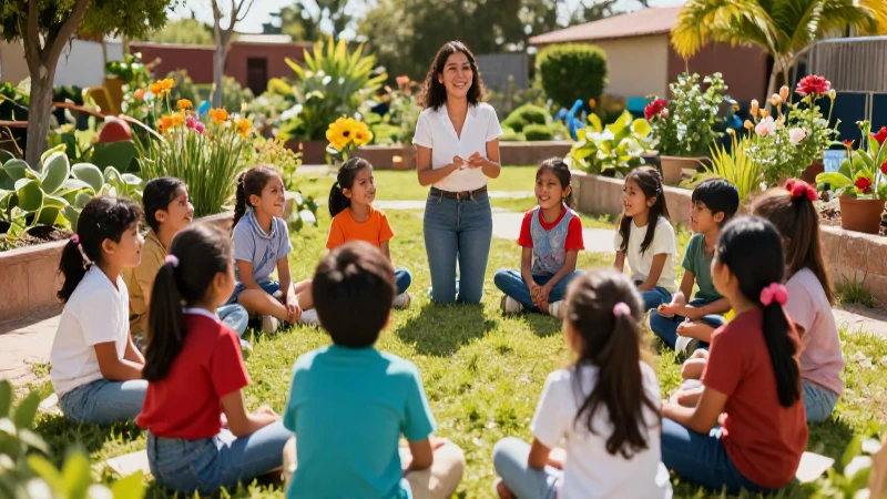 Niños mexicanos alegres en jardín comunitario