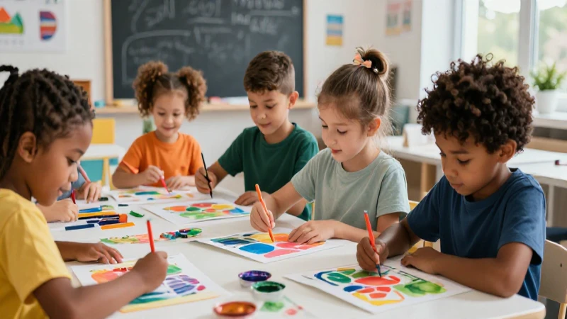 Niños felices pintan arte vibrante en clase moderna