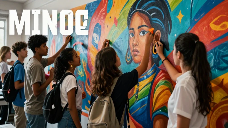 Jóvenes colaboran pintando un mural vibrante