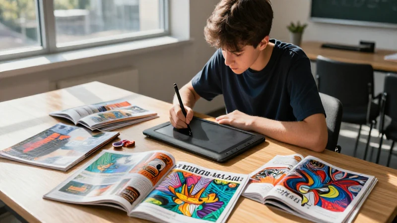 Estudiante diseña arte vibrante en una mesa moderna