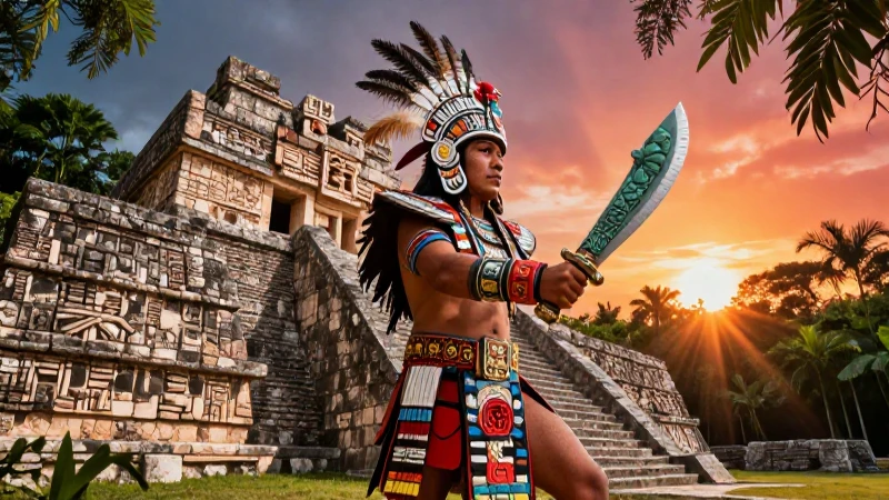 Conoce las Conoce culturas posclásicas: Toltecas y Mexicas 3 Guerrero Mexica majestuoso en ruinas mesoamericanas