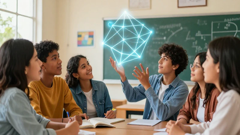 Estudiantes colaboran con soluciones geométricas en una clase vibrante