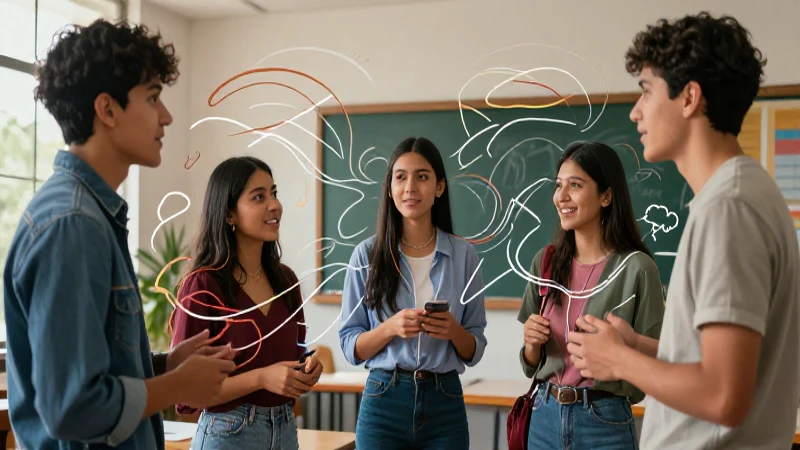Cómo influye el pragmatismo en el lenguaje cotidiano 7 Ilustración vibrante de estudiantes mexicanos en diálogo