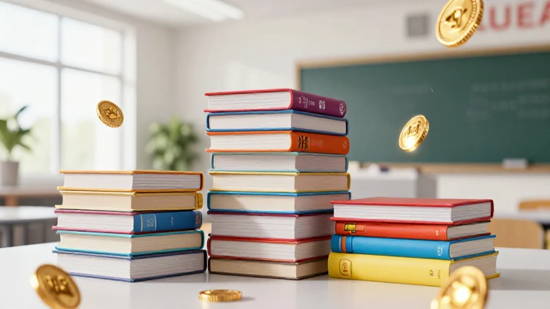 Libros coloridos y monedas brillantes en aula moderna