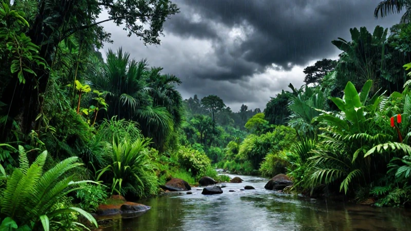Ecosistema vibrante y dramático bajo fuertes lluvias