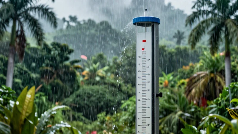 Lluvia intensa sobre pluviómetro tropical detallado